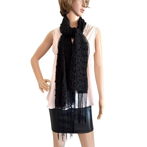 Elegant Black Sheer Mesh Shawl Mini Poms Textured Fringe Night Out Goth Boho - Picture 5 of 10